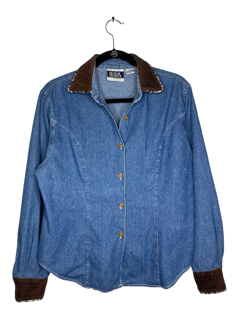 Vintage Bill Blass Leopard Corduroy Collar Blue Denim Button Up